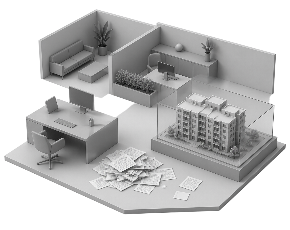 Quiet realtor office with scattered enquiry forms and an empty listing pipeline